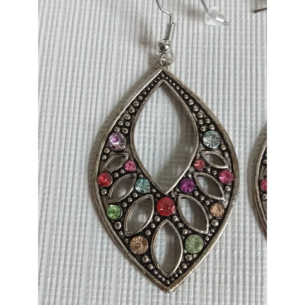 Silver Toned Metal Multicolored Colorful Rhinestones Dangle Statement Earrings